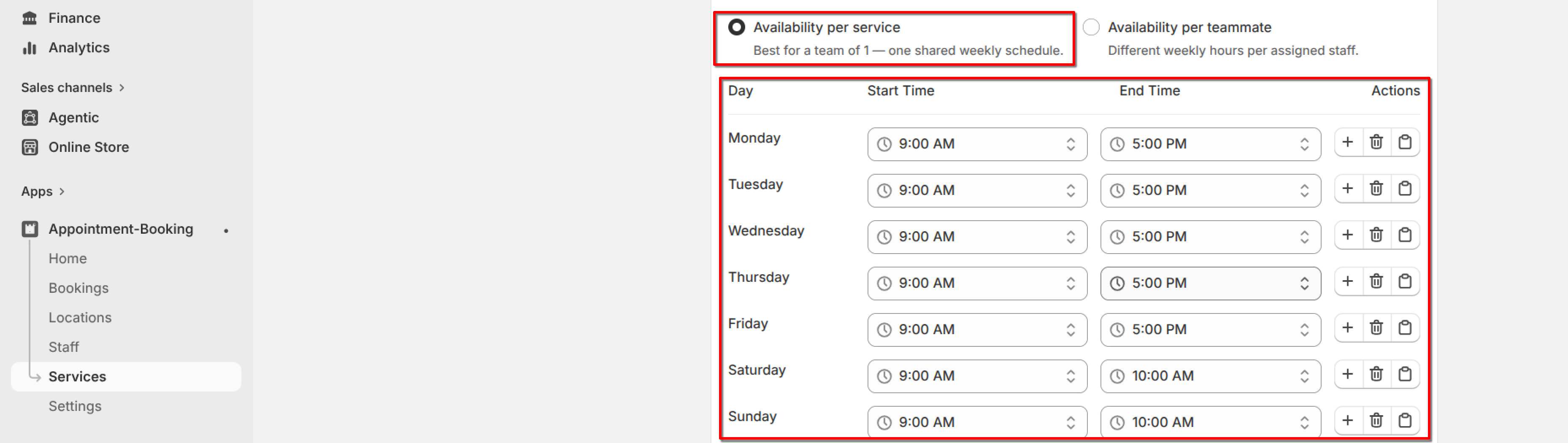 "Availability per service" selected under Availability type, with one shared weekly Start Time / End Time table